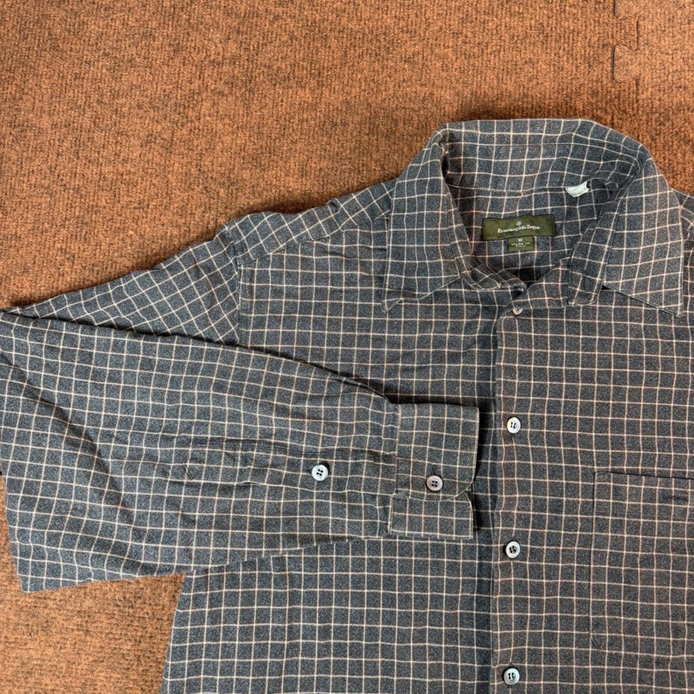 Ermenegildo Zegna Shirt Mens Medium Blue Grid Check Long Sleeve Made in Italy